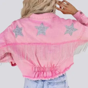 Stars-embroidery color jean jacket for ladies