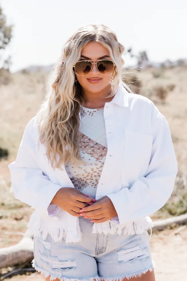 Sun Up In The Saddle White Fringe Hem Denim Jacket FINAL SALE