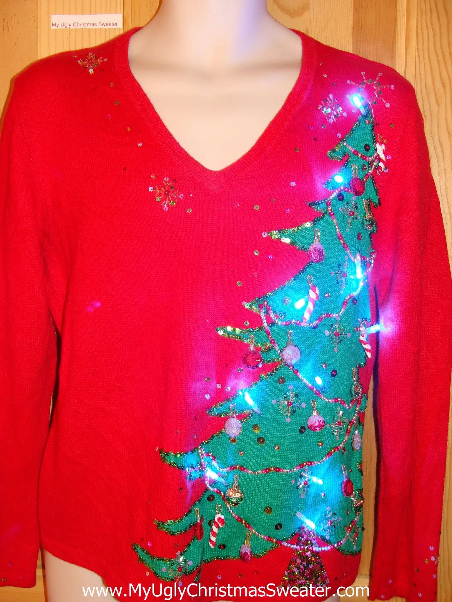 Tacky Red Light Up Christmas Sweater 80s Pullover with Green Bling Tree