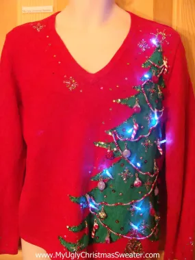 Tacky Red Light Up Christmas Sweater 80s Pullover with Green Bling Tree