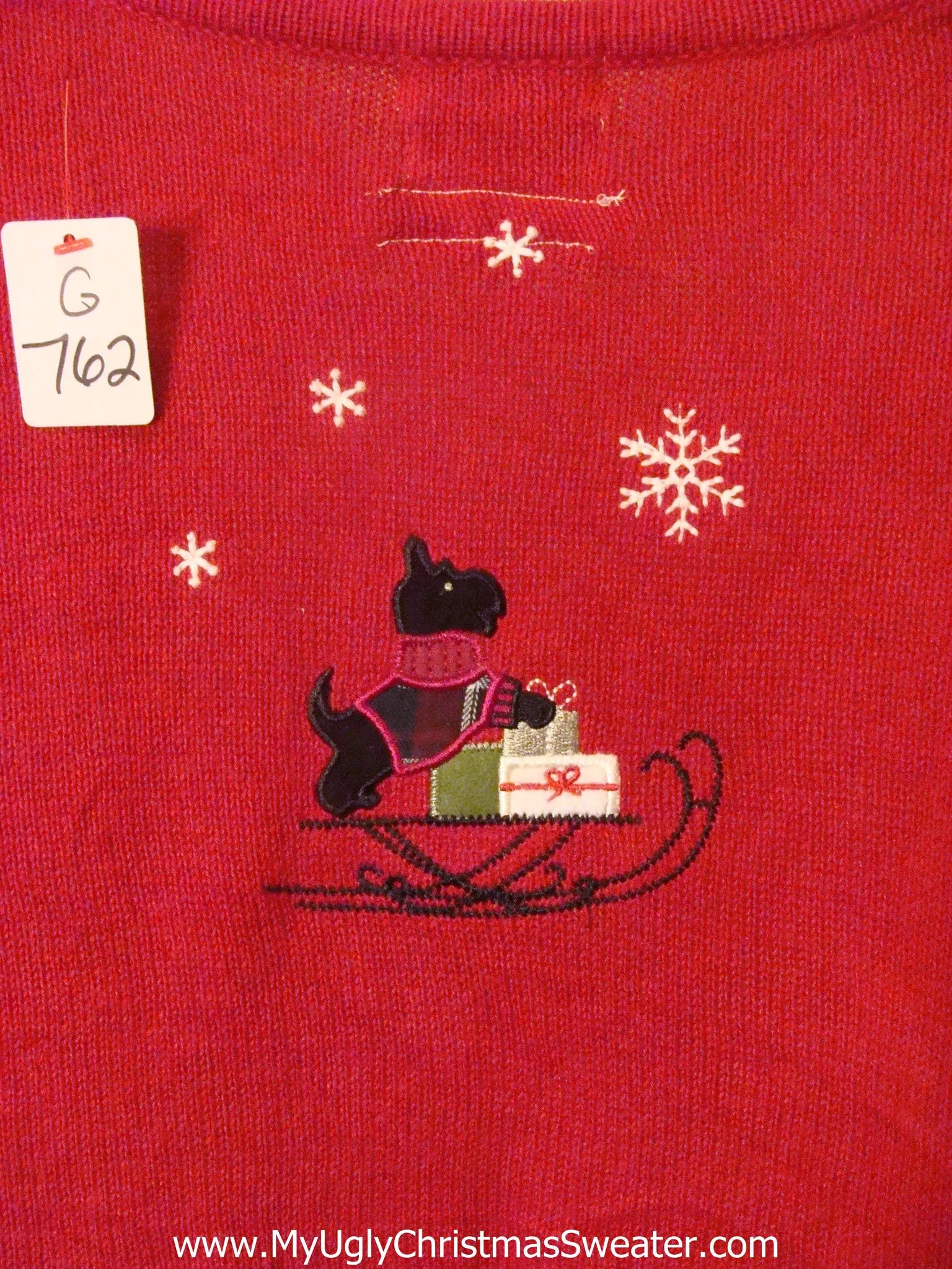 Tacky Red Light Up Christmas Sweater Scotty Dog Puppy on Sled