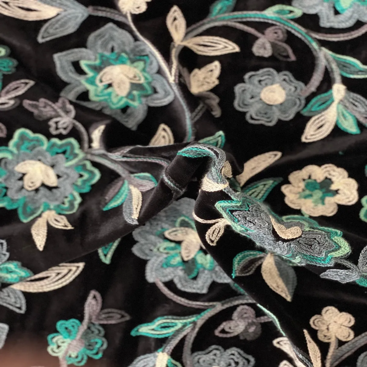 Teal Blue Multicolor Briony Floral Embroidered Stretch Velvet Fabric