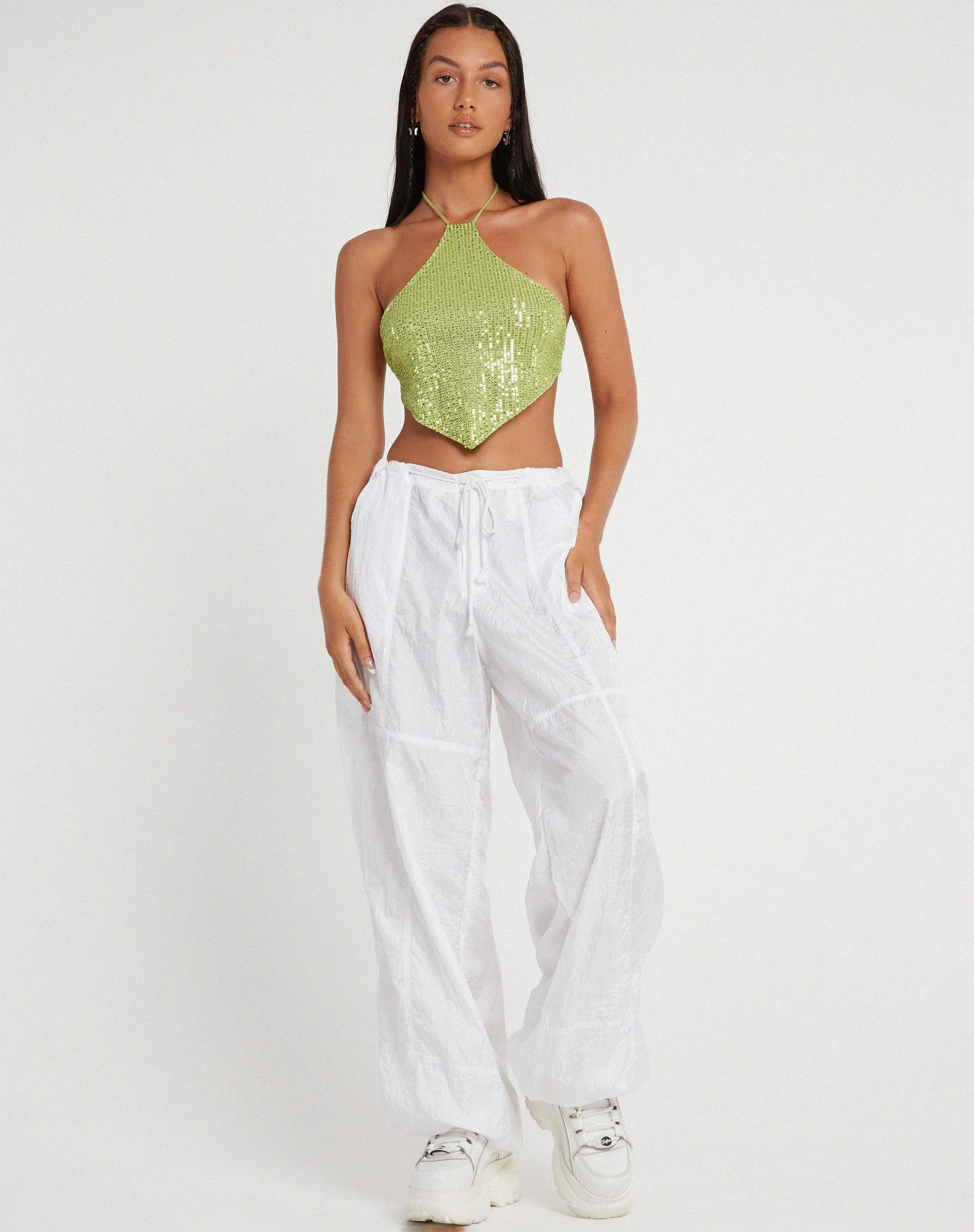 Tinimi Crop Top in Drape Sequin Lime Green