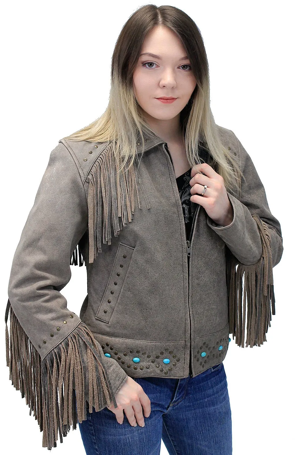 Turquoise and Fringe Brown Leather Jacket for Women #L17081ZFTN ()