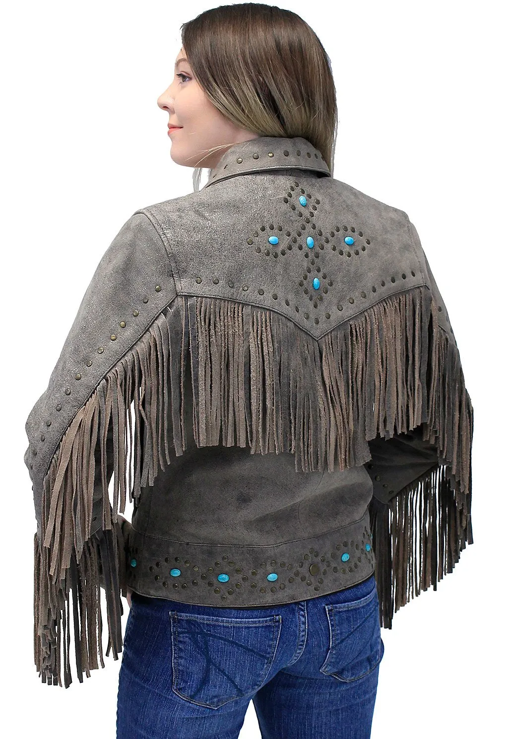 Turquoise and Fringe Brown Leather Jacket for Women #L17081ZFTN ()