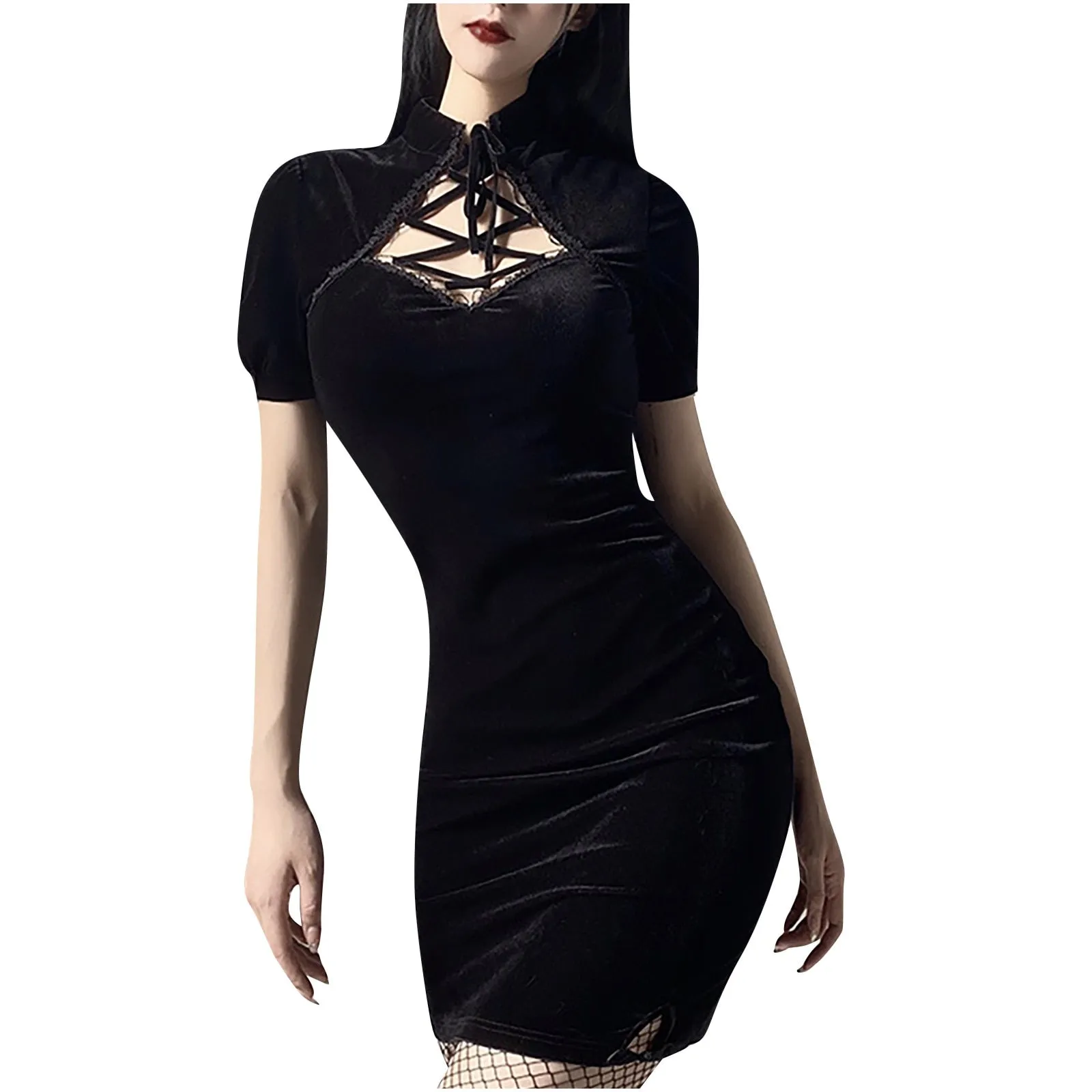 VenusFox Goth Women Dress cheongsam Chinese Style Skinny Black Mini Dress Streetwear Sexy Vintage Harajuku Summer Women Clothing Slim