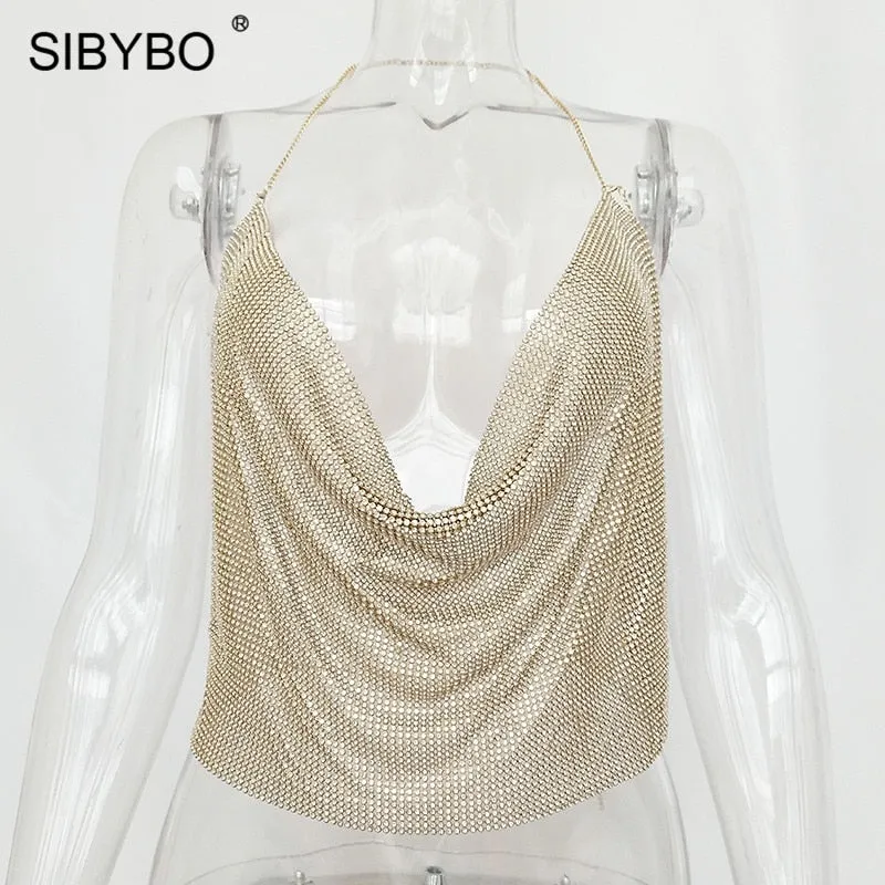 VenusFox Shiny Rhinestones Backless Sexy Chic Crop Top