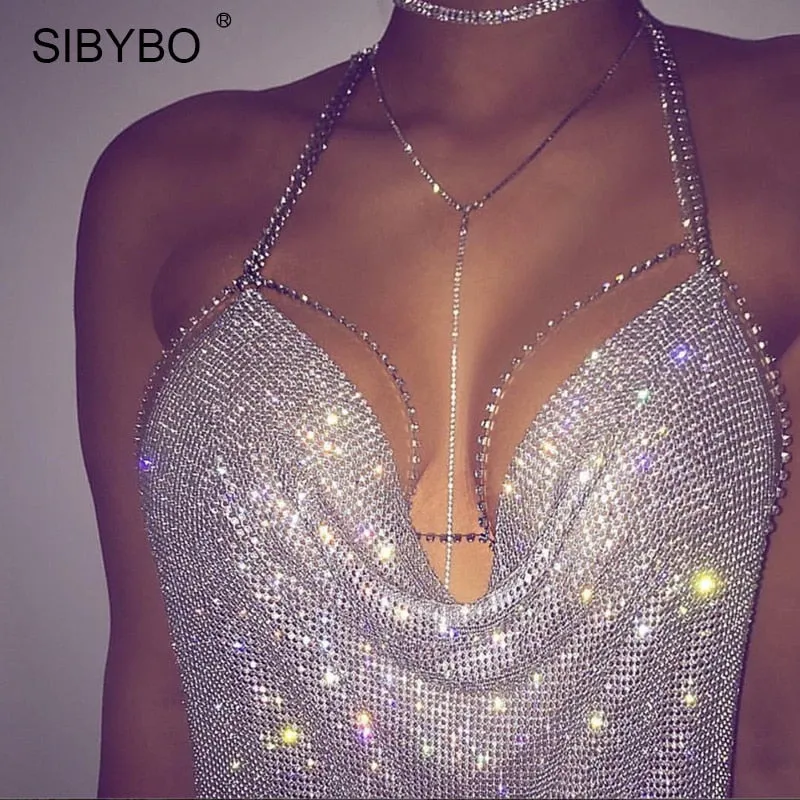 VenusFox Shiny Rhinestones Backless Sexy Chic Crop Top