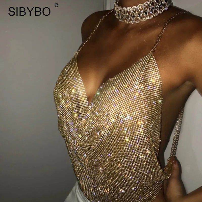 VenusFox Shiny Rhinestones Backless Sexy Chic Crop Top