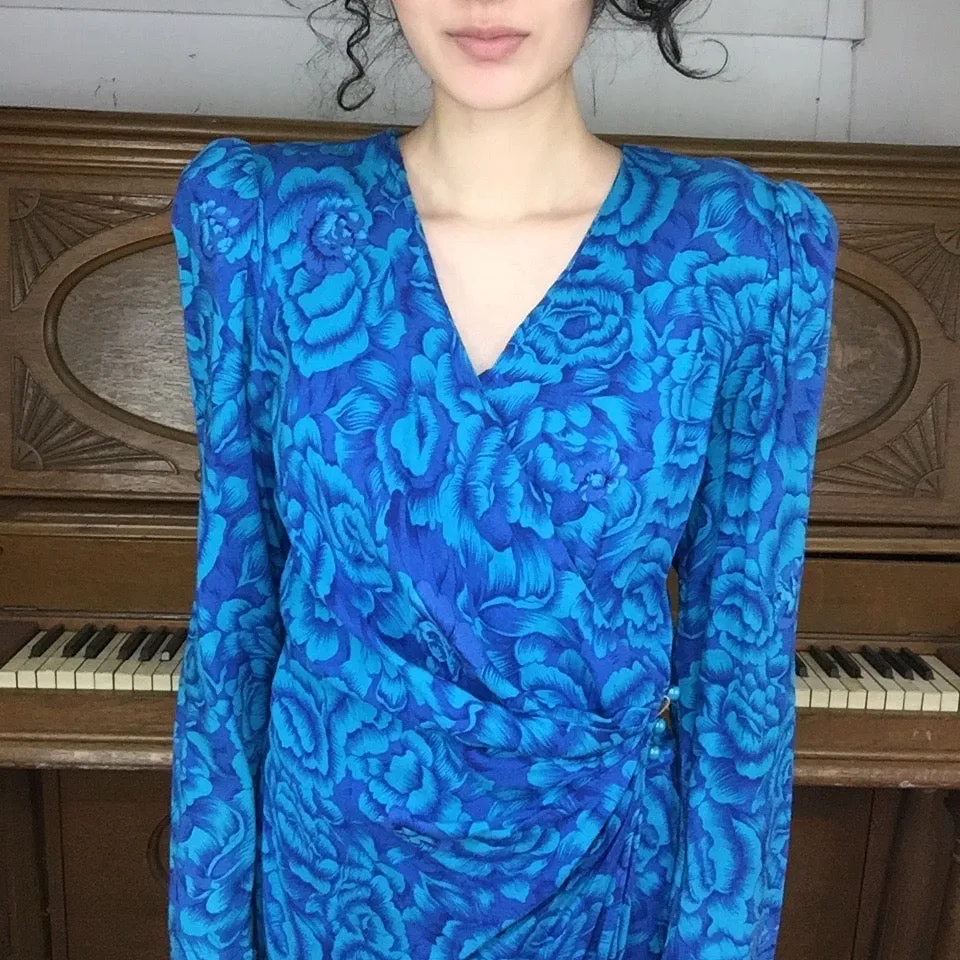 Vintage 80s | Blue Floral Boho Draped Wrap Dress | S/M