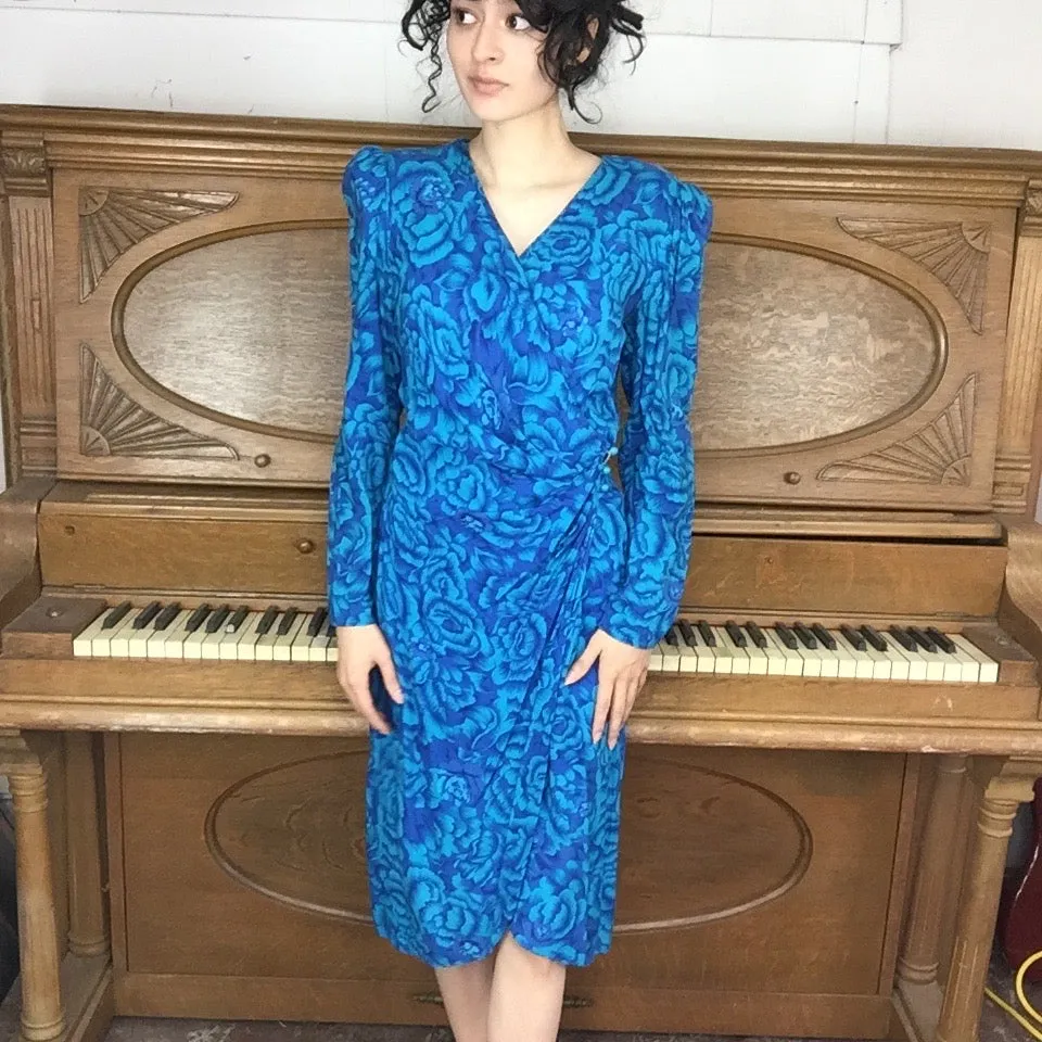 Vintage 80s | Blue Floral Boho Draped Wrap Dress | S/M