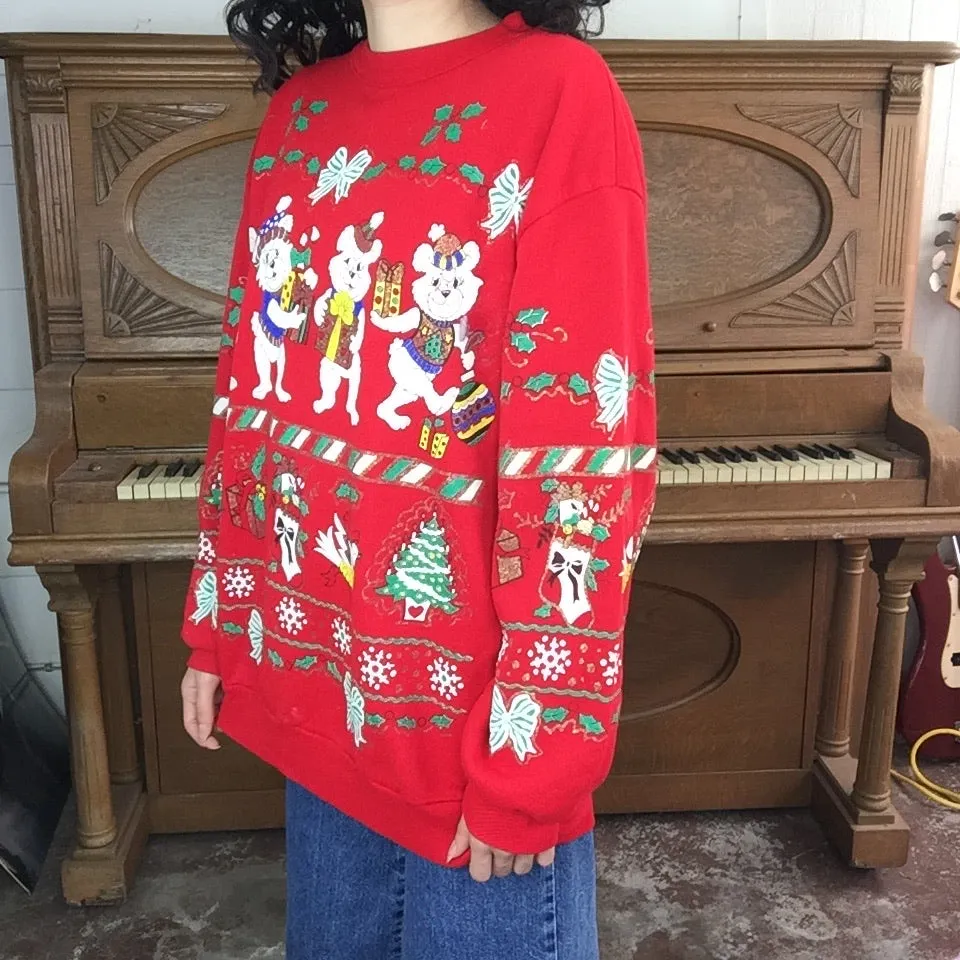 Vintage 80s | Puffy Paint Teddybear Tacky Ugly Christmas Sweater | L