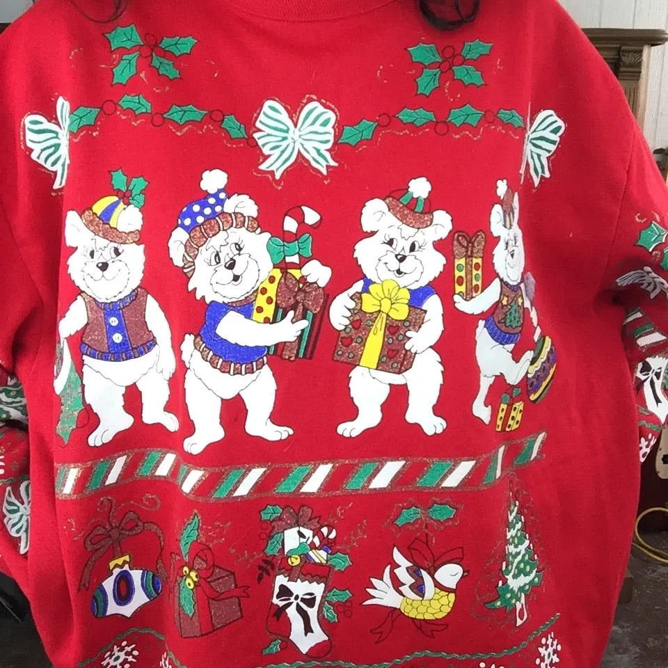 Vintage 80s | Puffy Paint Teddybear Tacky Ugly Christmas Sweater | L