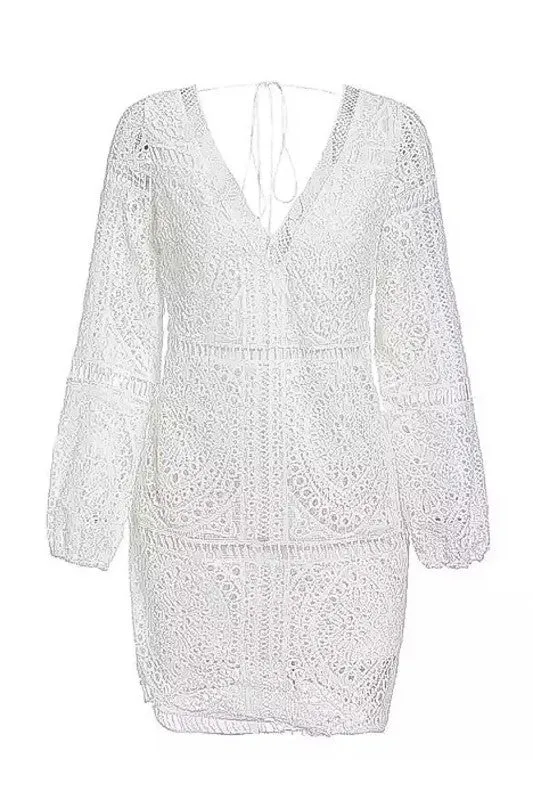 White Boho Lace Eyelet Deep V Neck Dress