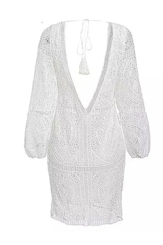 White Boho Lace Eyelet Deep V Neck Dress