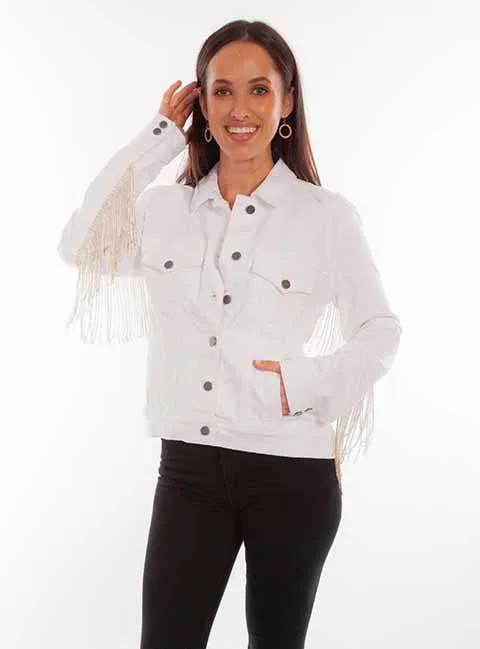 White Denim Jacket with Rhinestone Fringe at Bourbon Cowgirl