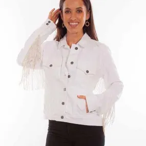 White Denim Jacket with Rhinestone Fringe at Bourbon Cowgirl