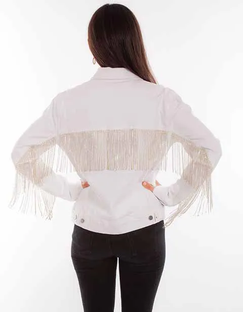 White Denim Jacket with Rhinestone Fringe at Bourbon Cowgirl