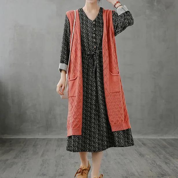 Winter knitted coat plus size orange v neck sleeveless long coats