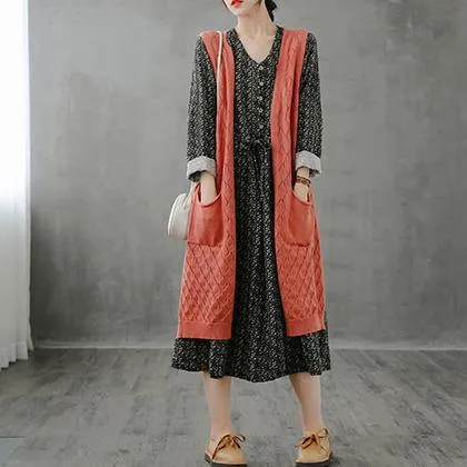 Winter knitted coat plus size orange v neck sleeveless long coats