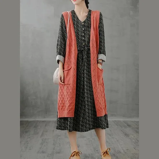 Winter knitted coat plus size orange v neck sleeveless long coats