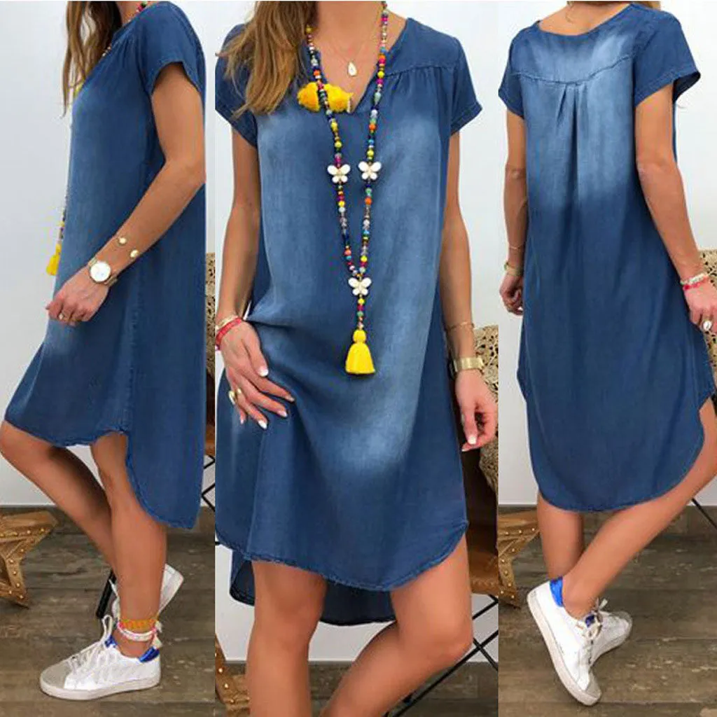 Wjczt New Fashion High Quality Dresses Women&#39;s Summer Casual V Neck Denim Long Party Short Sleeve Swing Dress Sundress vestidos