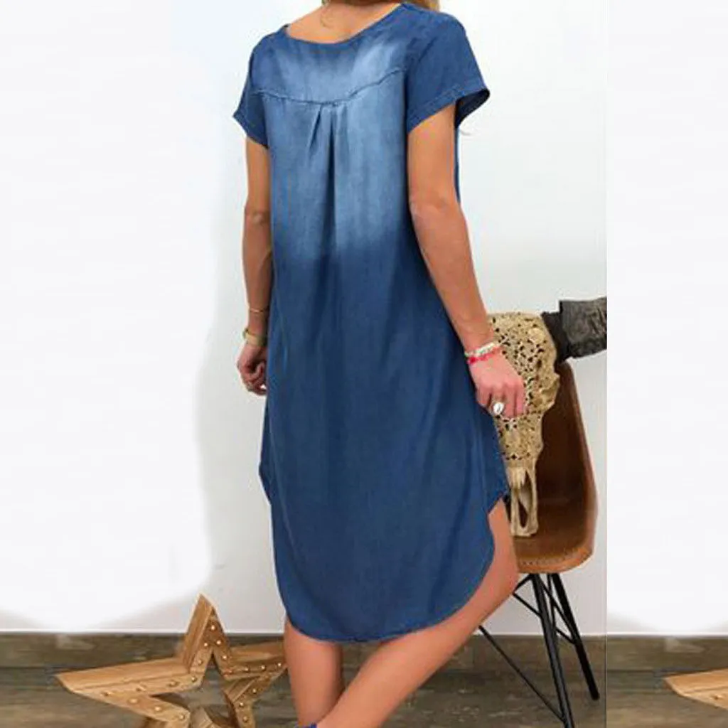 Wjczt New Fashion High Quality Dresses Women&#39;s Summer Casual V Neck Denim Long Party Short Sleeve Swing Dress Sundress vestidos