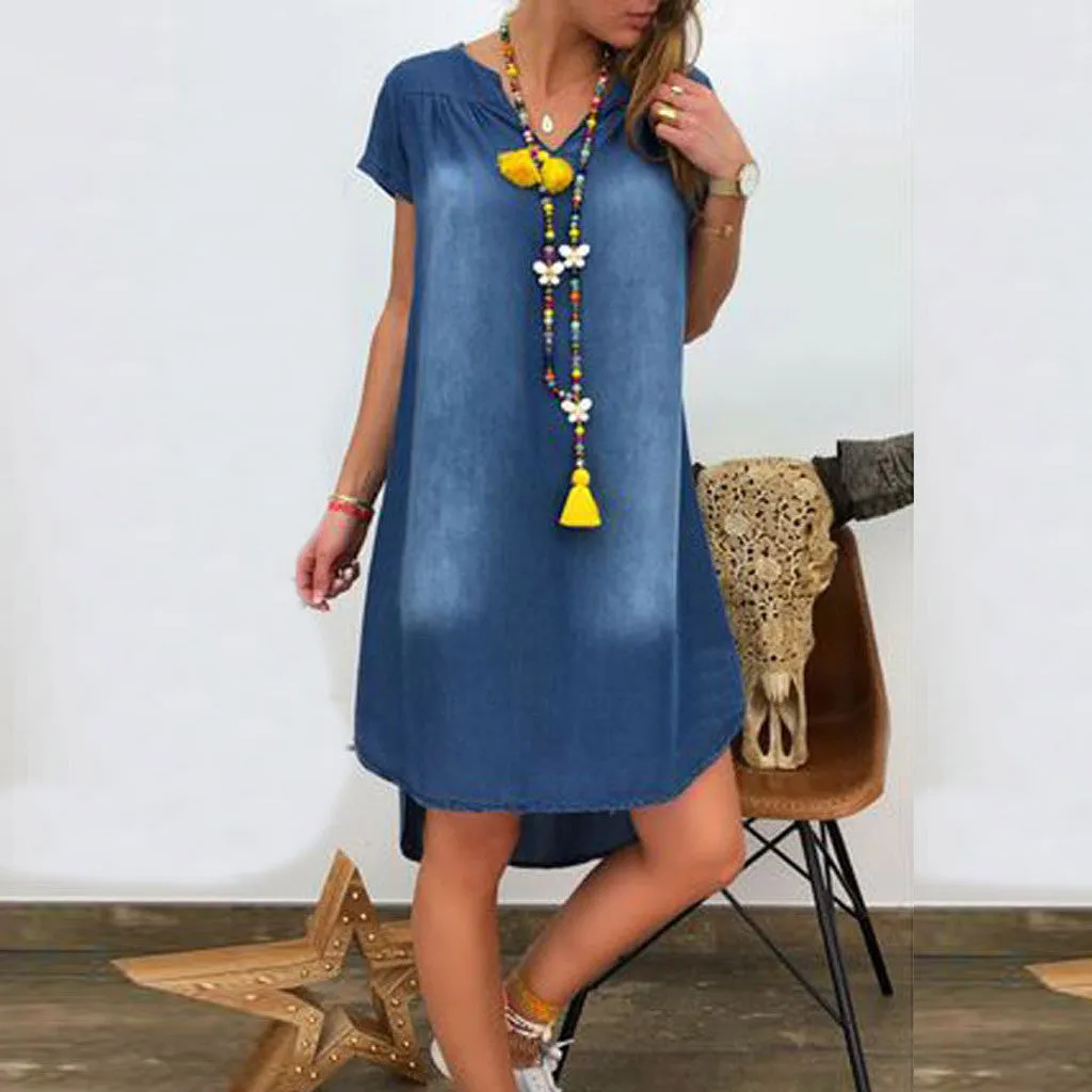 Wjczt New Fashion High Quality Dresses Women&#39;s Summer Casual V Neck Denim Long Party Short Sleeve Swing Dress Sundress vestidos