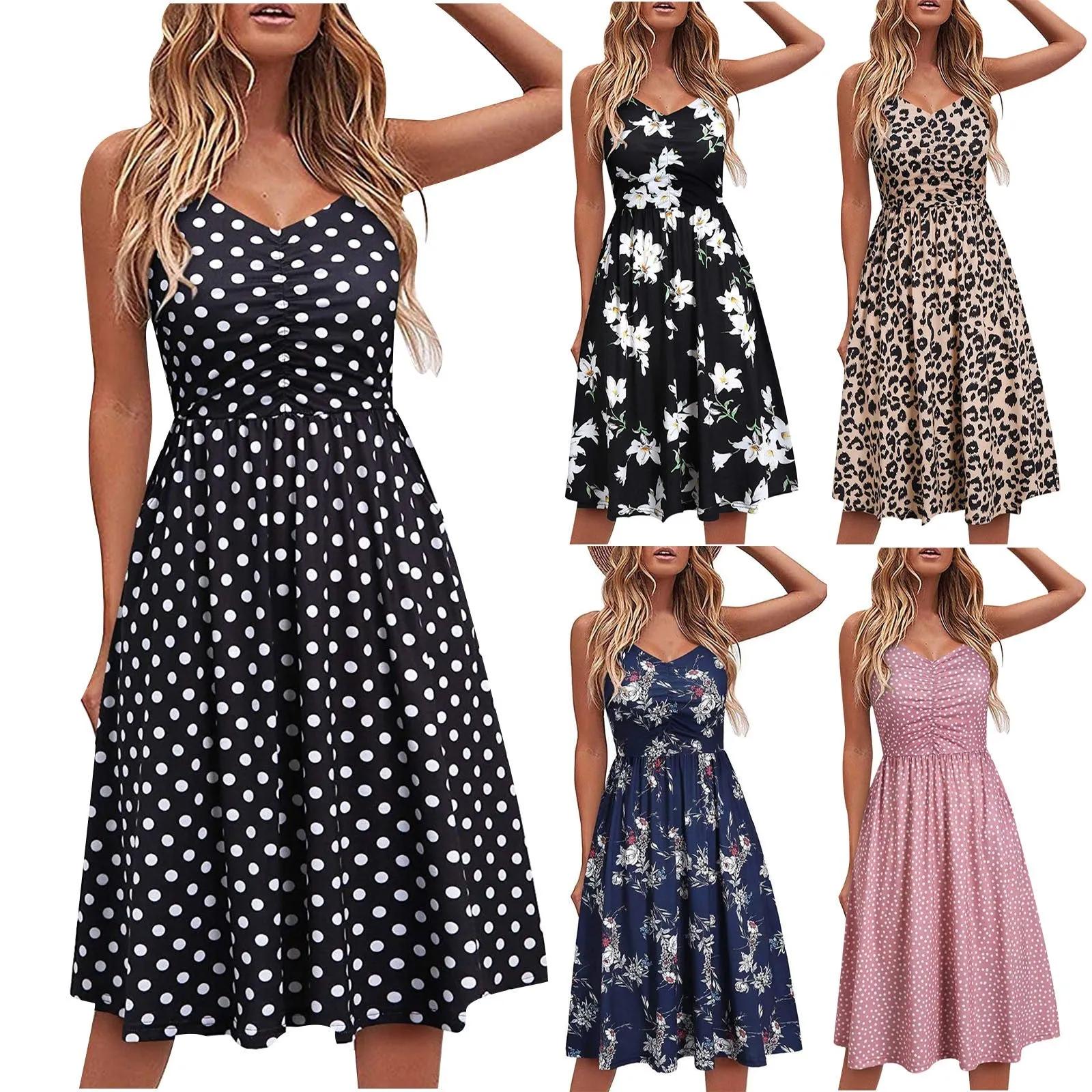 Wjczt Summer Casual Women&#39;s 2022 Sexy V-Neck Leopard Sling Dress Fashion Female Flower Print Beach Party Dresses Sleeveless Backless