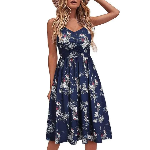 Wjczt Summer Casual Women&#39;s 2022 Sexy V-Neck Leopard Sling Dress Fashion Female Flower Print Beach Party Dresses Sleeveless Backless