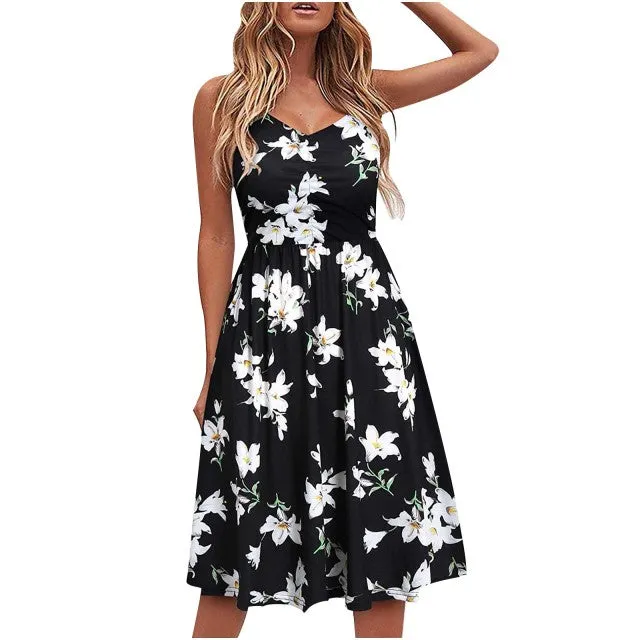 Wjczt Summer Casual Women&#39;s 2022 Sexy V-Neck Leopard Sling Dress Fashion Female Flower Print Beach Party Dresses Sleeveless Backless