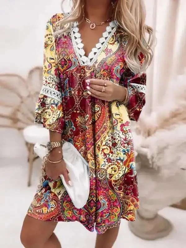 Women’s V-neck Printed Lace Paneled Bohemian Dress