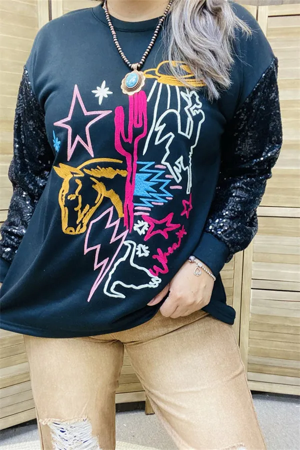 XCH15788 Yellow horse/Fuchsia cactus multi color graphic embroidery long sleeve w/black sequin women black tops