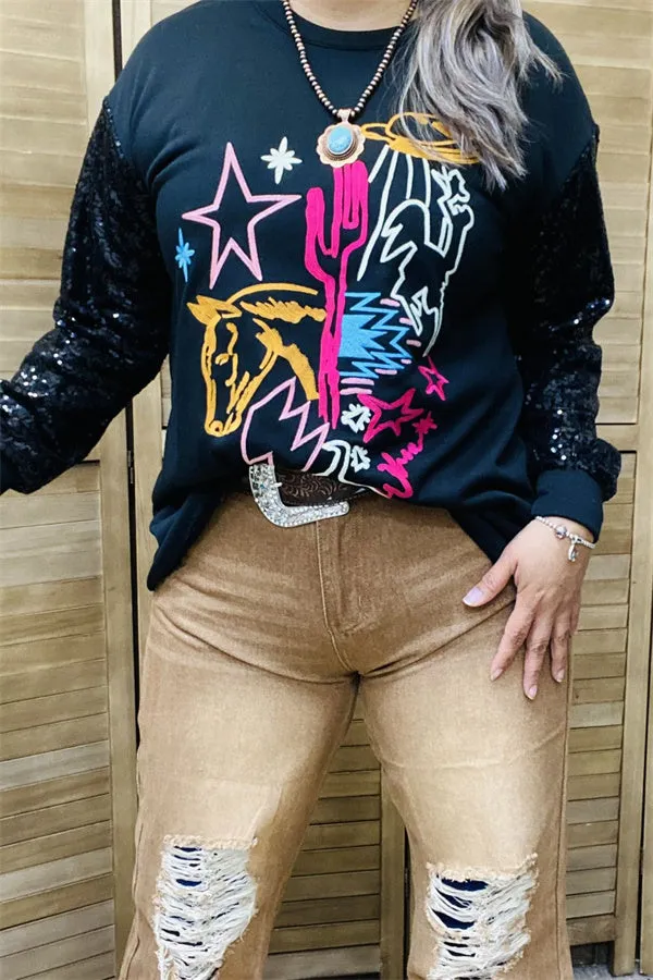 XCH15788 Yellow horse/Fuchsia cactus multi color graphic embroidery long sleeve w/black sequin women black tops