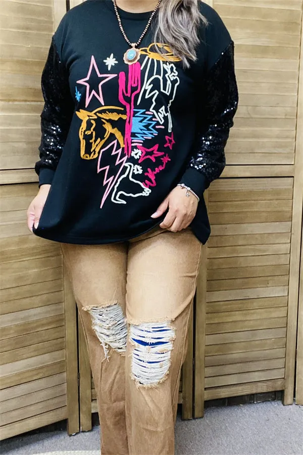 XCH15788 Yellow horse/Fuchsia cactus multi color graphic embroidery long sleeve w/black sequin women black tops