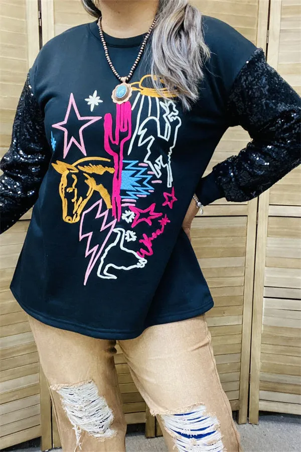 XCH15788 Yellow horse/Fuchsia cactus multi color graphic embroidery long sleeve w/black sequin women black tops