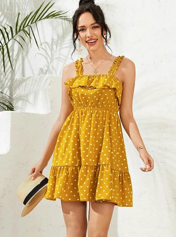 YELLOW POLKA-DOT STRAP SUSPENDERS EMPIRE MIDI DRESS