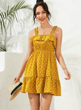 YELLOW POLKA-DOT STRAP SUSPENDERS EMPIRE MIDI DRESS