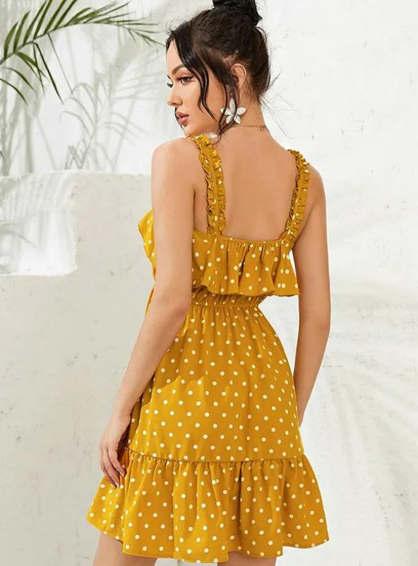 YELLOW POLKA-DOT STRAP SUSPENDERS EMPIRE MIDI DRESS