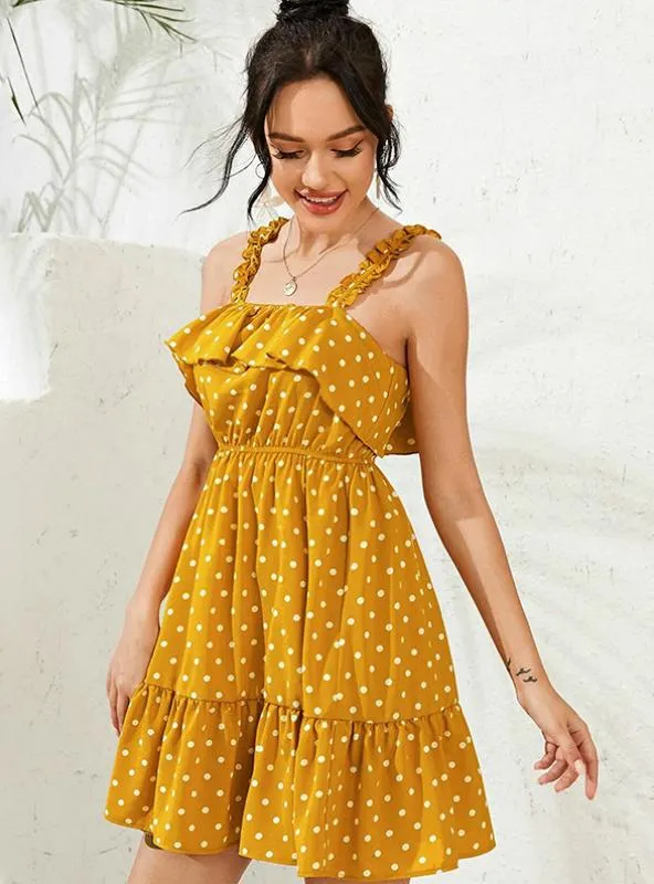 YELLOW POLKA-DOT STRAP SUSPENDERS EMPIRE MIDI DRESS